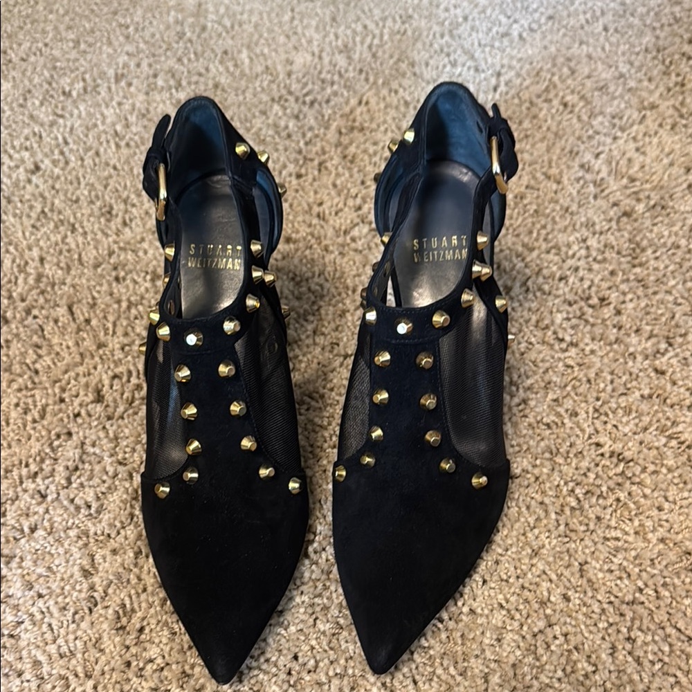 Stuart Weitzman Black suede, gold studded shoe. 
A show stopper!